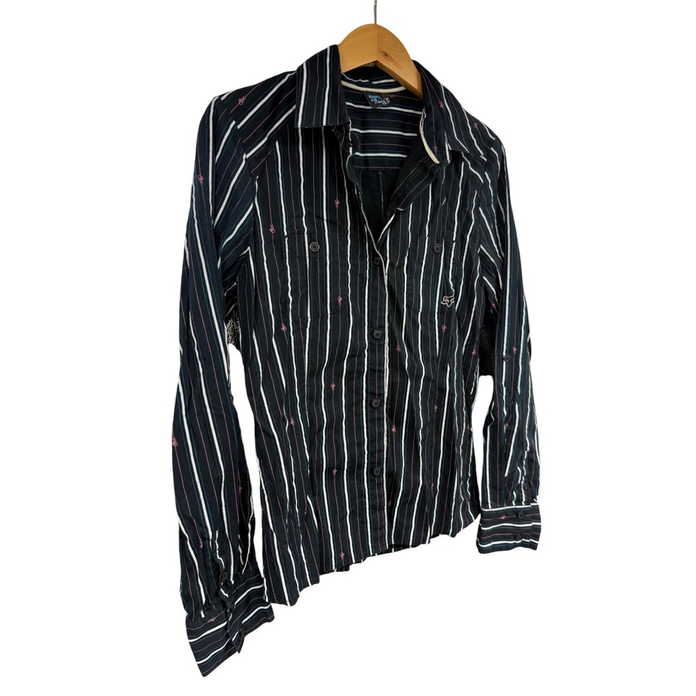 Fox Racing Womens Y2K Black Striped Button Down Shirt Long Sleeve Cotton Size M - Picture 3 of 7